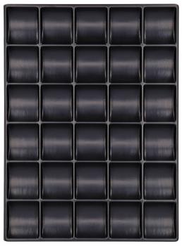 The image displays a rectangular grid with 36 identical black cups or containers, arranged in 6 rows and 6 columns. The surface is smooth and glossy.