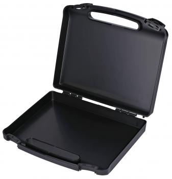 The image shows an opened, black briefcase. It has a sturdy handle and a hinge closure. The interior is empty and provides space for documents or other items.