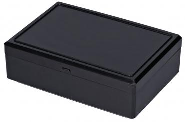 Das Bild zeigt eine rechteckige, schwarze Box aus Kunststoff. Sie hat einen flachen Deckel und eine glatte Oberfläche, die leicht glänzt. Die Box wirkt schlicht und modern.