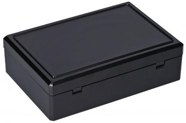 Es handelt sich um eine rechteckige, schwarze Box mit einem flachen Deckel. Die Oberfläche ist glatt und glänzend. Die Box hat eine klappbare oder abnehmbare Verschlussmechanik.