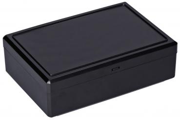 Es handelt sich um eine rechteckige, flache Box in Schwarz. Sie hat einen glatten, planmäßigen Deckel und eine schlichte, moderne Form. Die Oberfläche ist glänzend und leicht reflektierend.