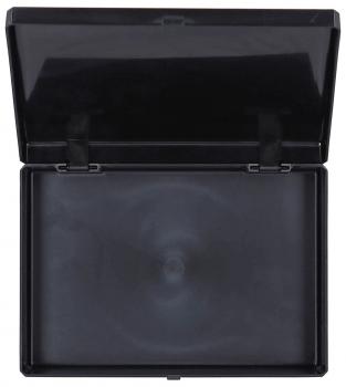 Das Bild zeigt eine schwarze, offene Box mit einem flachen Boden. Der Deckel ist oben und die Innenseite hat eine glatte, dunkle Oberfläche mit einem leicht wirbelnden Muster.