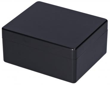 Das Bild zeigt eine quadratische, schwarze Box. Sie hat einen flachen Deckel und eine glatte Oberfläche, die glänzend wirkt. Die Kanten sind rechtwinklig und die Box steht stabil.