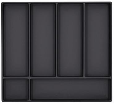 The image displays a black plastic tray with multiple rectangular compartments. There are five long compartments, evenly arranged side by side, and one larger, wider compartment at the bottom.