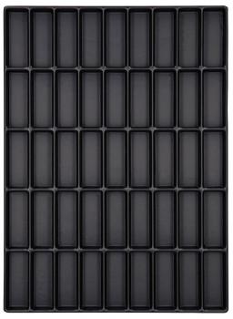 The image displays a rectangular, black tray with 48 elongated indentations, arranged in 8 rows and 6 columns. The indentations are uniform and deep.