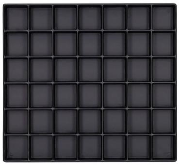 The image shows a square arrangement of 64 small, identical square compartments on a black background. All compartments are equally sized and also black.