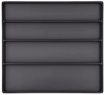 The image shows a flat, square tray in matte black, divided into four equal rectangular compartments. It has a simple, elegant shape.
