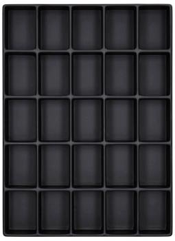Das Bild zeigt ein schwarzes Tablett mit 30 rechteckigen Vertiefungen, angeordnet in 6 Reihen und 5 Spalten. Es hat eine glatte Oberfläche und ist aus flexiblem Material gefertigt.