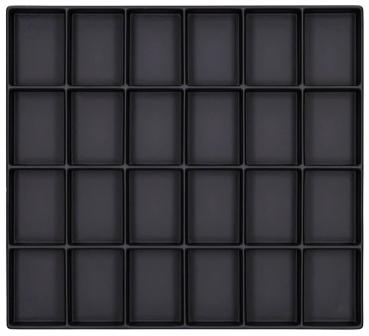 The image displays a grid of 25 rectangular, black compartments, arranged in five rows and five columns. The compartments are uniform in size and feature a simple design.