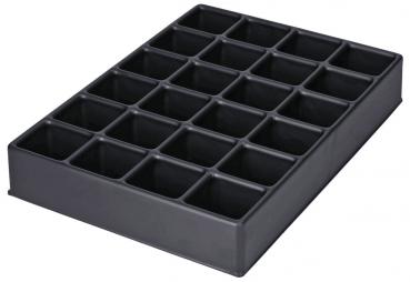 Das Bild zeigt eine rechteckige Form aus schwarzem Material mit 24 kleinen quadratischen Fächern. Die Fächer sind gleichmäßig angeordnet, ideal zum Sortieren oder Lagern.