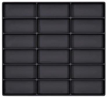 The image displays a square arrangement of 20 flat, rectangular compartments on a black surface. The compartments are evenly distributed and provide an organized, minimalist impression.