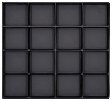 The image shows a square plate, divided into 16 equally sized, black, square compartments. The compartments are arranged in four rows and four columns.