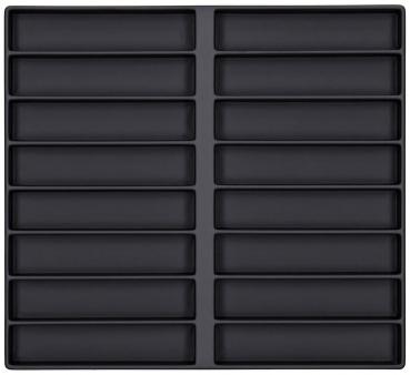 The image shows a black tray with 16 rectangular compartments, arranged in four rows and four columns. The compartments are evenly distributed and slightly shifted to the left at the bottom.