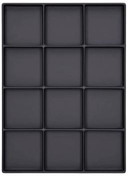 The image displays a rectangular baking tray with 12 equal-sized indentations arranged in 3 rows and 4 columns. The surface is black and smooth.