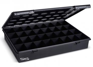 Das Bild zeigt eine schwarze, rechteckige Box mit einem aufklappbaren Deckel. Die Innenseite ist in viele kleine Fächer unterteilt, ideal zur Aufbewahrung kleiner Gegenstände.