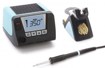 The image displays a soldering iron kit. It includes a digital temperature display with buttons and a soldering iron that is attached to a stand. The dominant colors are black and sky blue.