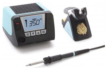 The image shows a soldering iron with a digital temperature display, a tool stand, and a cleaning device, all in black and blue. The soldering iron has a fine tip.