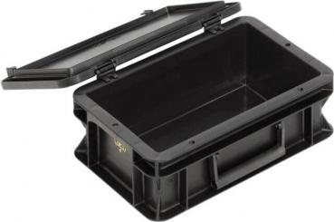 Das Bild zeigt eine schwarze, rechteckige Aufbewahrungsbox mit einem abnehmbaren Deckel. Die Box hat eine stabile Bauweise und einen seitlichen Griff. Innen ist sie leer und geräumig.