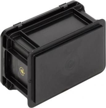 Das Bild zeigt eine rechteckige, schwarze Plastikbox mit einem flachen Deckel. Die Box hat seitliche Klappen und eine glatte Oberfläche, ideal zum Verstauen oder Transportieren von Gegenständen.