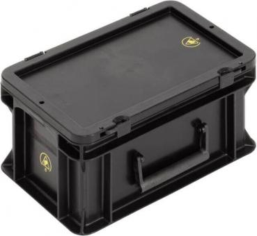 Die Abbildung zeigt eine rechteckige, schwarze Kunststoffbox mit einem flachen Deckel. Sie hat an einer Seite einen Griff zum Tragen und ist robust gestaltet. Ein gelbes Logo ist sichtbar.