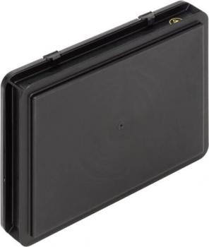 Das Bild zeigt eine schwarze, rechteckige Hülle oder Box. Sie hat abgerundete Kanten, eine glatte Oberfläche und eine seitliche Öffnung, die zum Transport oder zur Aufbewahrung gedacht ist.