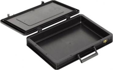 Das Bild zeigt eine rechteckige, schwarze Kunststoffbox mit einem abnehmbaren Deckel. Die Box hat einen Griff auf einer Seite und ist innen leer. Sie wirkt stabil und funktional.