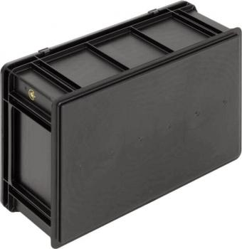 Das Bild zeigt eine schwarze, rechteckige Kunststoffbox mit einem flachen Deckel. Die Oberseite hat mehrere Längs- und Querstreifen. Sie ist stabil und kann zum Verstauen von Gegenständen verwendet werden.
