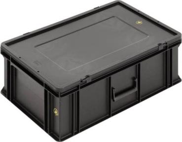 Das Bild zeigt eine schwarze, rechteckige Kunststoffbox mit einem flachen Deckel und seitlichen Griffen. Sie hat eine robuste Struktur und ist vielseitig einsetzbar.