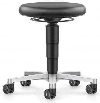 The image shows an adjustable swivel stool with a round black upholstered seat. The chair has a centrally positioned column and five casters on a silver base.