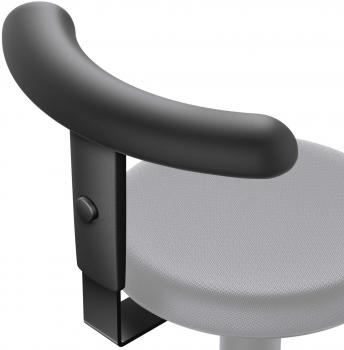 The image shows a part of an office chair. It has a round, gray seat and a black, padded armrest bracket that is slightly curved.