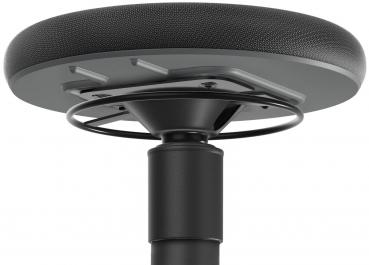 The image shows the underside of a stool. The round cushioned part is black and has a textured surface. Below it is a black column with a bracket.