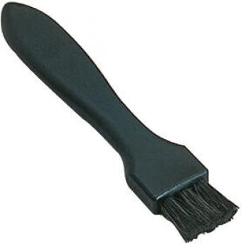 The image shows a black brush with a long, curved handle and soft bristles. The bristles are flat and narrow, ideal for cleaning or applying paint.