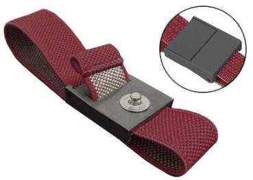 The image shows a reddish-brown textile ribbon with a metal clamp in the middle. Next to the ribbon, there is a small, round cutout that displays the clamp in detail.