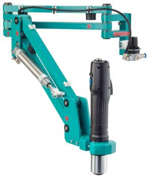 The image shows a blue, mechanical arm with a handle and a tool at the end. The arm has multiple joints and a powerful connection for use.