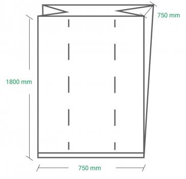 The image shows a schematic drawing of a rectangular object. The dimensions are 1800 mm in height and 750 mm in width. There are folded areas marked by dashed lines.