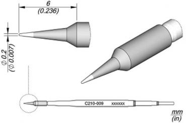 The image displays technical drawings of a pointed object, likely a pen. It shows views from the top, side, and bottom, with measurements.