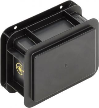 The picture shows a black, rectangular box with slightly rounded edges and a flat lid. There are two holes on the back for mounting. It appears sturdy and functional.
