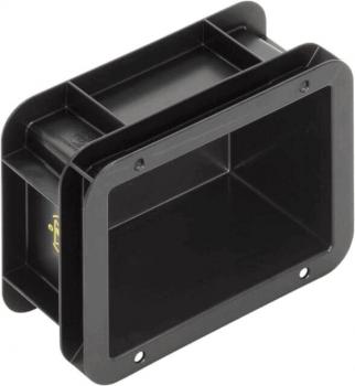 The image shows a rectangular, black plastic part with open sides. It has a textured surface and is hollow inside, with two holes for mounting. The edges are rounded.