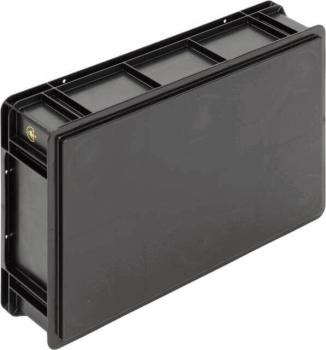 The image shows a black, rectangular container with a smooth surface and textured sides. It has slightly protruding parts at the corners.