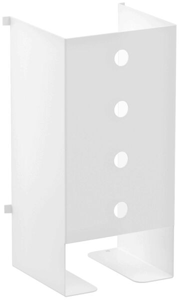 The image displays a rectangular, white plastic container with open sides and four round holes arranged vertically. It stands stably on two feet.