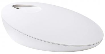 The image shows an oval, white object with a slightly curved shape. It has a small opening at the top, which may represent a function or an access point.