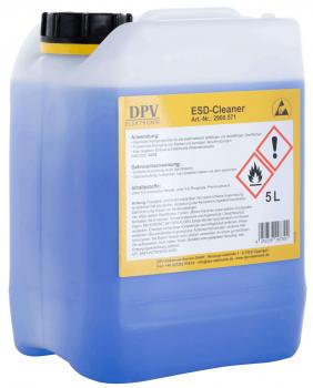 The image shows a blue plastic canister with yellow stickers. The canister contains 5 liters of ESD cleaner and warns of fire hazard. Printed application instructions are visible.