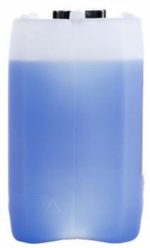 It is a large, rectangular plastic canister with rounded corners. The upper part is black and the lower part contains a blue liquid, filled up to the halfway point.