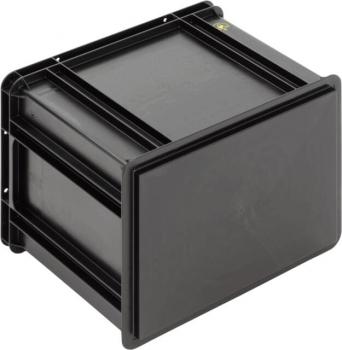 Das Bild zeigt eine quadratische, schwarze Kunststoffbox mit einem flachen Deckel. Sie hat eine robuste Struktur mit Rillen an den Seiten für Stabilität und einen minimalistischen, funktionalen Stil.