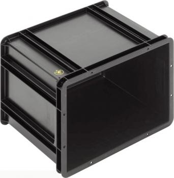 Das Bild zeigt eine schwarze, rechteckige Kunststoffbox ohne Deckel. Sie hat gerade Kanten und eine glatte Oberfläche. Die Innenfläche ist leer und zeigt die gegenüberliegenden Seiten.