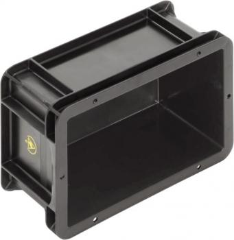 The image depicts a rectangular, black plastic container without a lid. It has rounded corners and sidewalls that taper slightly inward.