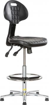 The image shows a black swivel stool with a padded seat and backrest. It has a metal base with a foot ring and is height adjustable.