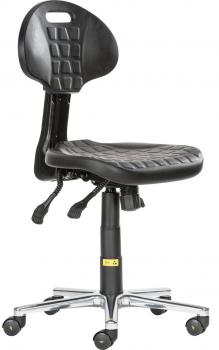 The chair is black with a padded seat and a curved backrest. It has casters and a height-adjustable gas spring, as well as controls under the seat.