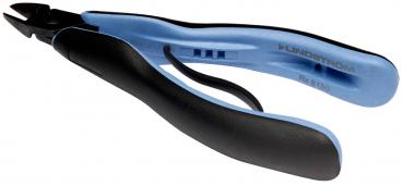 The image shows a pair of pliers with a blue and black handle. The pliers have a sharp, curved cutting edge at the front, ideal for cutting wire or small objects.