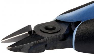The image shows a pair of pliers, specifically a side cutter. The blades are sharp and pointed, with a black handle and blue rubber coatings for better grip.